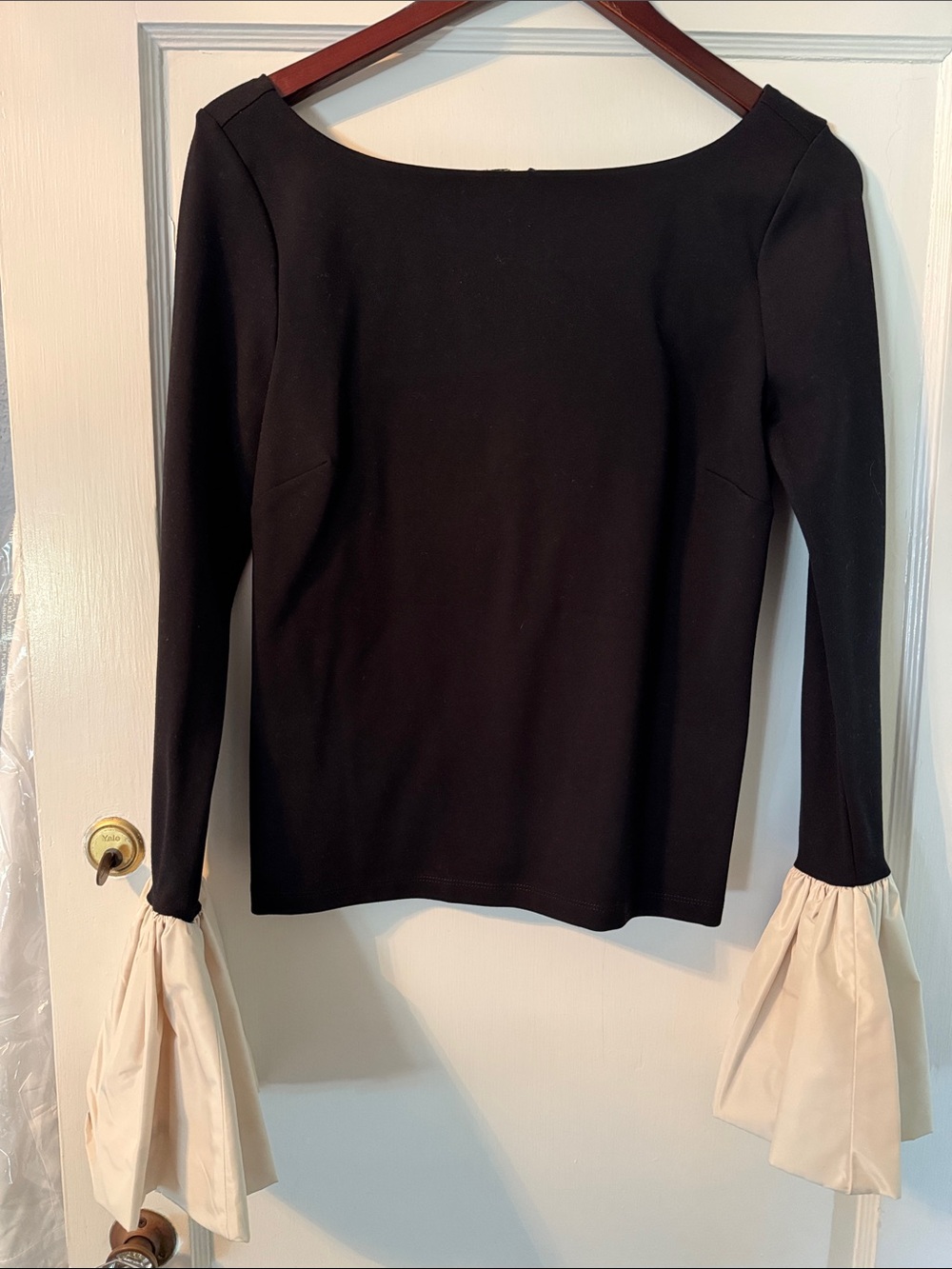 Staud Black Long-Sleeve Top with Cream Ruffle Cuffs